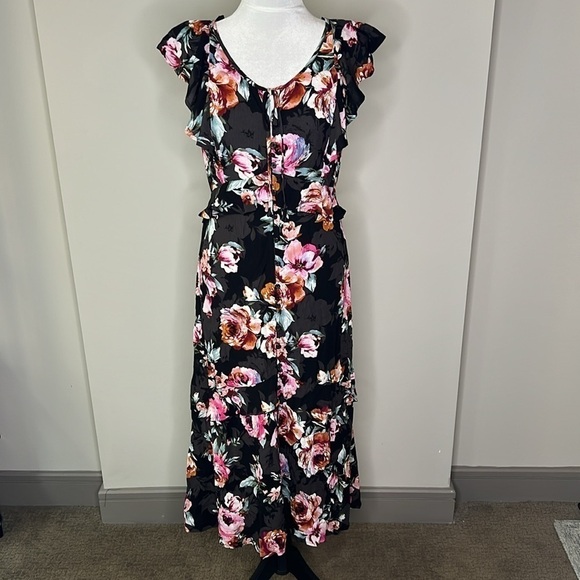 Band of Gypsies (B.O.G.) Dark Multicolored V-Neck Floral Midi Dress Size Medium - Picture 1 of 11